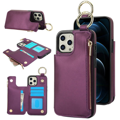 For iPhone 12 Pro RFlD Anti-theft Double Buckle Ring Zipper Card Phone Case(Dark Purple) - iPhone 12 / 12 Pro Cases by buy2fix | Online Shopping UK | buy2fix