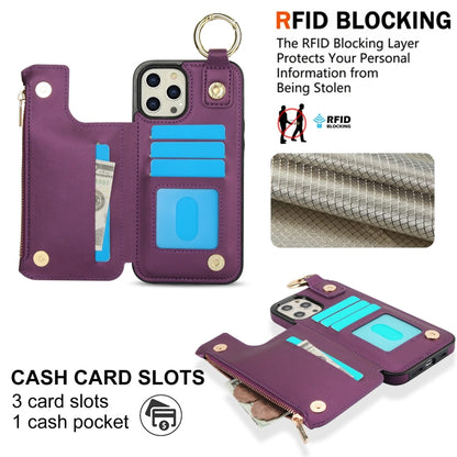 For iPhone 12 Pro RFlD Anti-theft Double Buckle Ring Zipper Card Phone Case(Dark Purple) - iPhone 12 / 12 Pro Cases by buy2fix | Online Shopping UK | buy2fix