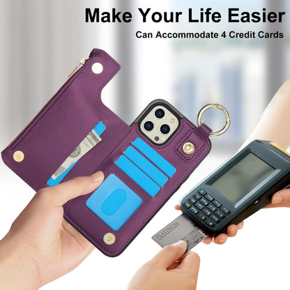 For iPhone 12 Pro RFlD Anti-theft Double Buckle Ring Zipper Card Phone Case(Dark Purple) - iPhone 12 / 12 Pro Cases by buy2fix | Online Shopping UK | buy2fix