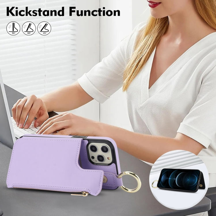 For iPhone 12 Pro RFlD Anti-theft Double Buckle Ring Zipper Card Phone Case(Purple) - iPhone 12 / 12 Pro Cases by buy2fix | Online Shopping UK | buy2fix