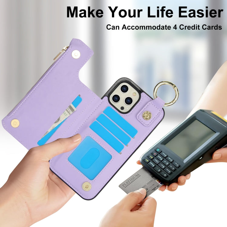 For iPhone 12 Pro RFlD Anti-theft Double Buckle Ring Zipper Card Phone Case(Purple) - iPhone 12 / 12 Pro Cases by buy2fix | Online Shopping UK | buy2fix