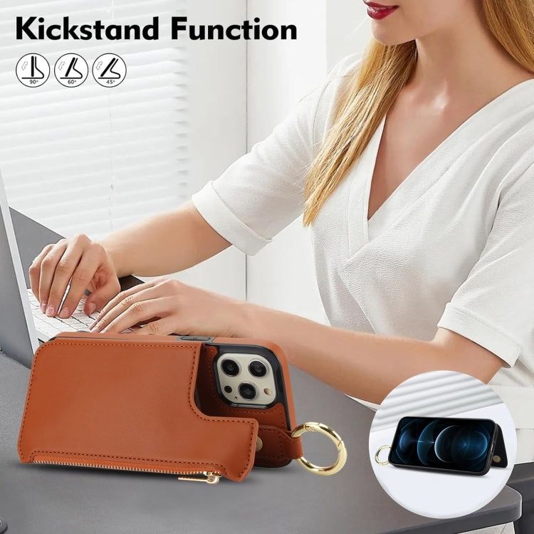 For iPhone 12 Pro RFlD Anti-theft Double Buckle Ring Zipper Card Phone Case(Brown) - iPhone 12 / 12 Pro Cases by buy2fix | Online Shopping UK | buy2fix