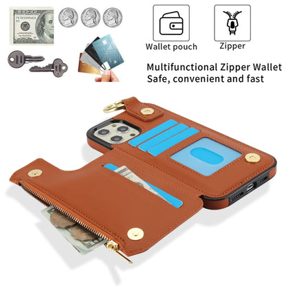 For iPhone 12 Pro RFlD Anti-theft Double Buckle Ring Zipper Card Phone Case(Brown) - iPhone 12 / 12 Pro Cases by buy2fix | Online Shopping UK | buy2fix
