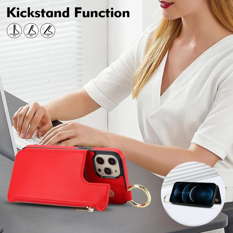 For iPhone 12 Pro Max RFlD Anti-theft Double Buckle Ring Zipper Card Phone Case(Red) - iPhone 12 Pro Max Cases by buy2fix | Online Shopping UK | buy2fix