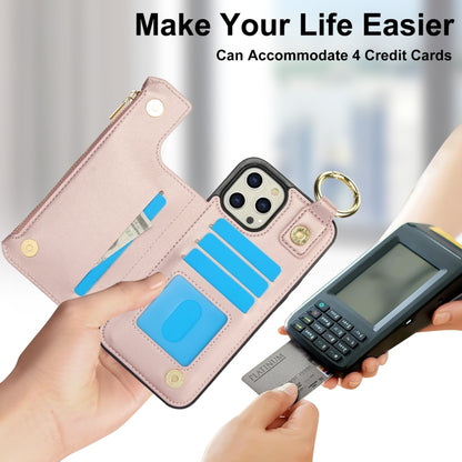For iPhone 12 Pro Max RFlD Anti-theft Double Buckle Ring Zipper Card Phone Case(Rose Gold) - iPhone 12 Pro Max Cases by buy2fix | Online Shopping UK | buy2fix