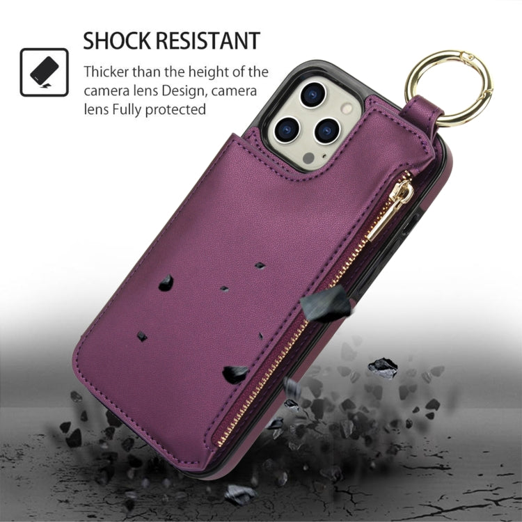 For iPhone 12 Pro Max RFlD Anti-theft Double Buckle Ring Zipper Card Phone Case(Dark Purple) - iPhone 12 Pro Max Cases by buy2fix | Online Shopping UK | buy2fix