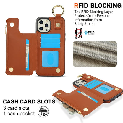 For iPhone 12 Pro Max RFlD Anti-theft Double Buckle Ring Zipper Card Phone Case(Brown) - iPhone 12 Pro Max Cases by buy2fix | Online Shopping UK | buy2fix