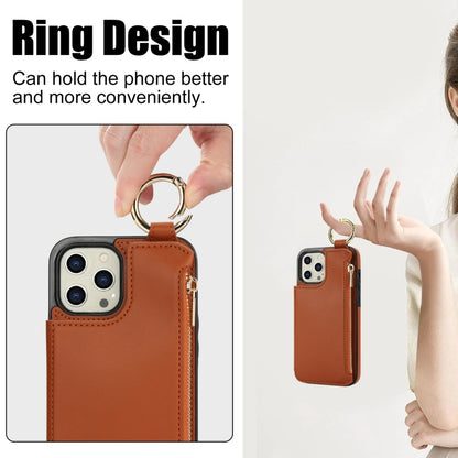 For iPhone 12 Pro Max RFlD Anti-theft Double Buckle Ring Zipper Card Phone Case(Brown) - iPhone 12 Pro Max Cases by buy2fix | Online Shopping UK | buy2fix