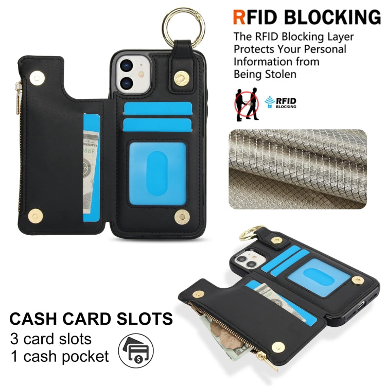 For iPhone 12 mini RFlD Anti-theft Double Buckle Ring Zipper Card Phone Case(Black) - iPhone 12 mini Cases by buy2fix | Online Shopping UK | buy2fix
