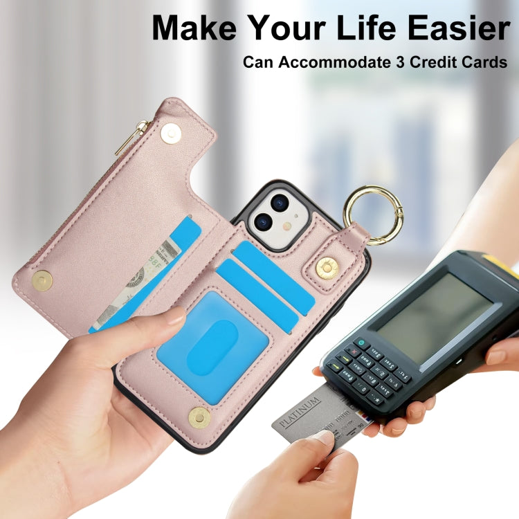 For iPhone 12 mini RFlD Anti-theft Double Buckle Ring Zipper Card Phone Case(Rose Gold) - iPhone 12 mini Cases by buy2fix | Online Shopping UK | buy2fix