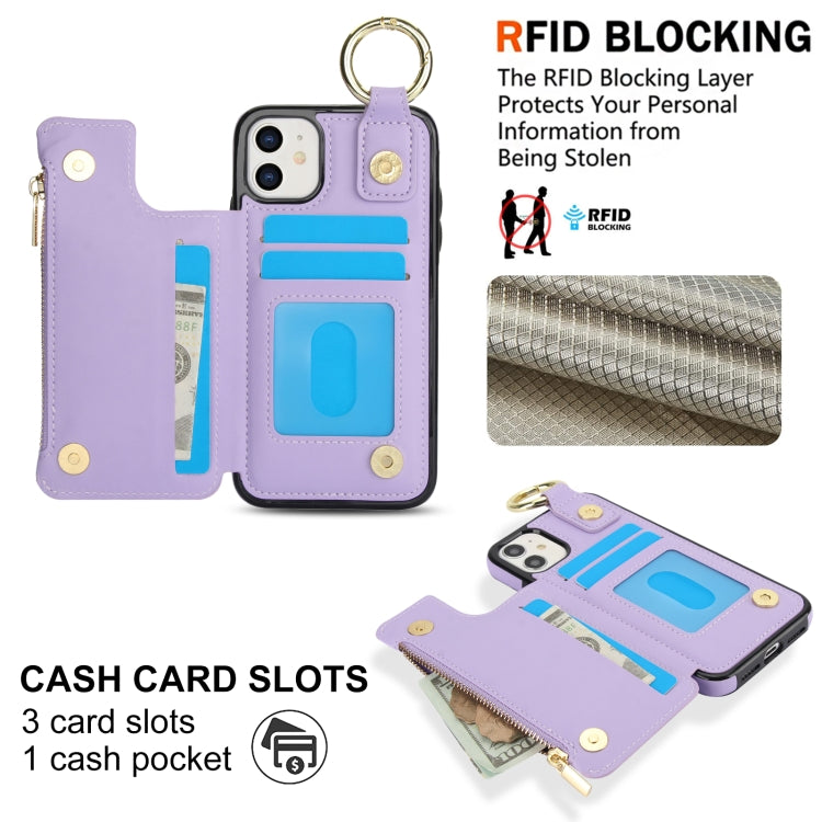 For iPhone 12 mini RFlD Anti-theft Double Buckle Ring Zipper Card Phone Case(Purple) - iPhone 12 mini Cases by buy2fix | Online Shopping UK | buy2fix