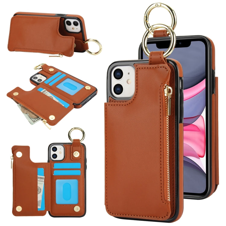 For iPhone 12 mini RFlD Anti-theft Double Buckle Ring Zipper Card Phone Case(Brown) - iPhone 12 mini Cases by buy2fix | Online Shopping UK | buy2fix