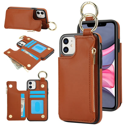 For iPhone 12 mini RFlD Anti-theft Double Buckle Ring Zipper Card Phone Case(Brown) - iPhone 12 mini Cases by buy2fix | Online Shopping UK | buy2fix