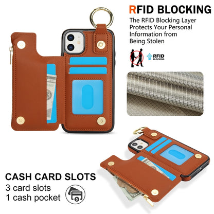 For iPhone 12 mini RFlD Anti-theft Double Buckle Ring Zipper Card Phone Case(Brown) - iPhone 12 mini Cases by buy2fix | Online Shopping UK | buy2fix