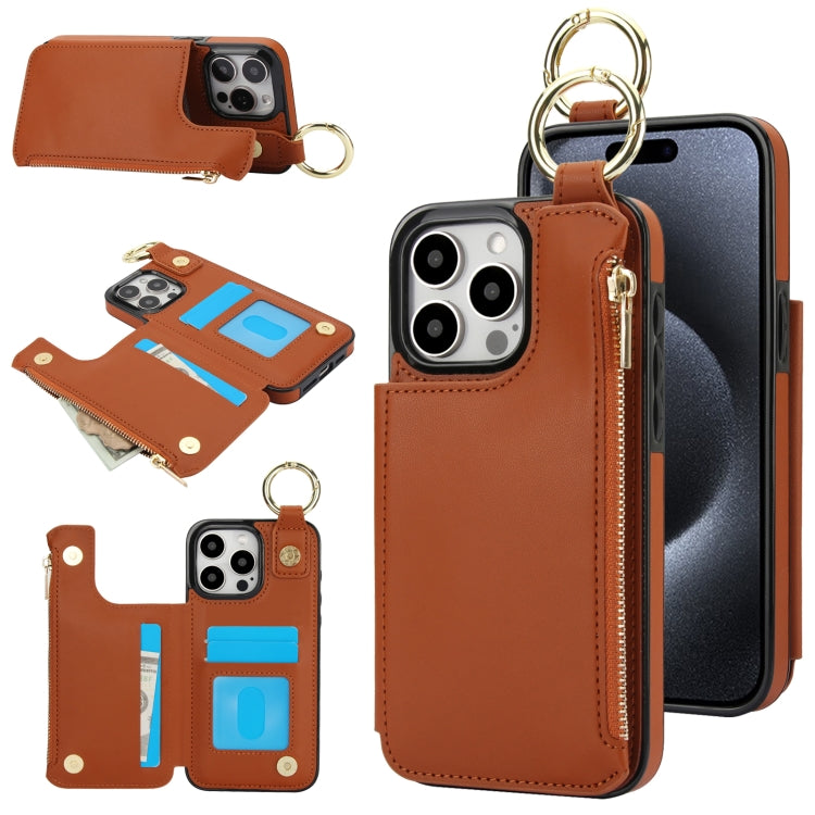 For iPhone 11 Pro Max RFlD Anti-theft Double Buckle Ring Zipper Card Phone Case(Brown) - iPhone 11 Pro Max Cases by buy2fix | Online Shopping UK | buy2fix