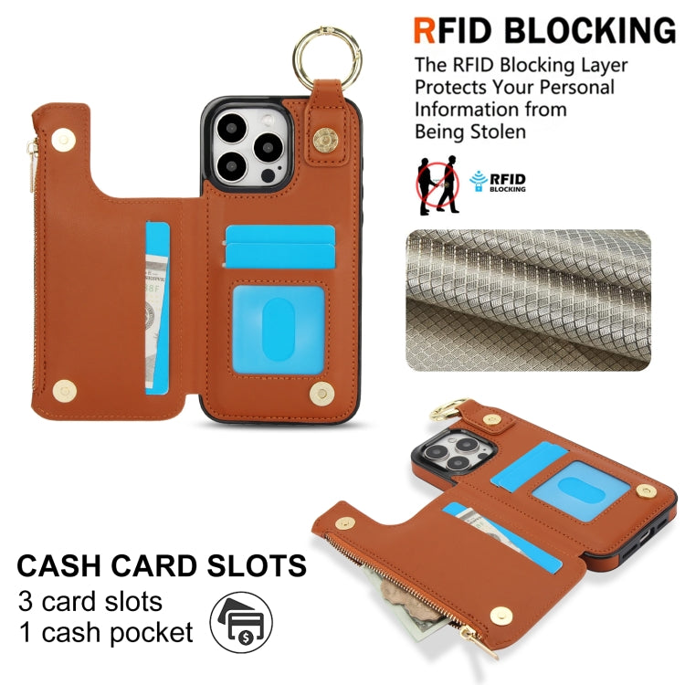 For iPhone 11 Pro Max RFlD Anti-theft Double Buckle Ring Zipper Card Phone Case(Brown) - iPhone 11 Pro Max Cases by buy2fix | Online Shopping UK | buy2fix