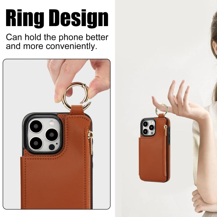 For iPhone 11 Pro Max RFlD Anti-theft Double Buckle Ring Zipper Card Phone Case(Brown) - iPhone 11 Pro Max Cases by buy2fix | Online Shopping UK | buy2fix