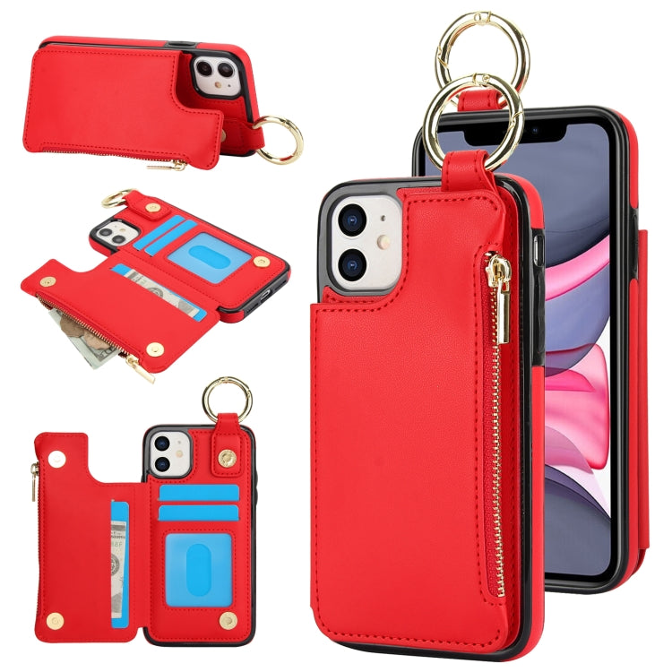 For iPhone 11 RFlD Anti-theft Double Buckle Ring Zipper Card Phone Case(Red) - iPhone 11 Cases by buy2fix | Online Shopping UK | buy2fix