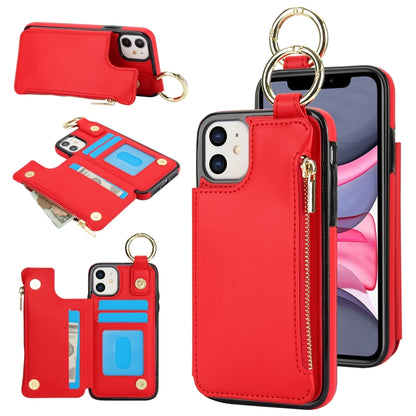 For iPhone 11 RFlD Anti-theft Double Buckle Ring Zipper Card Phone Case(Red) - iPhone 11 Cases by buy2fix | Online Shopping UK | buy2fix