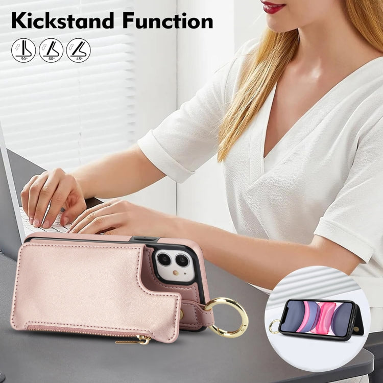 For iPhone 11 RFlD Anti-theft Double Buckle Ring Zipper Card Phone Case(Rose Gold) - iPhone 11 Cases by buy2fix | Online Shopping UK | buy2fix