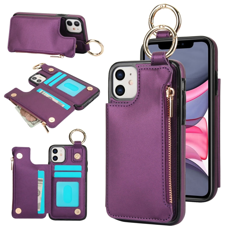 For iPhone 11 RFlD Anti-theft Double Buckle Ring Zipper Card Phone Case(Dark Purple) - iPhone 11 Cases by buy2fix | Online Shopping UK | buy2fix