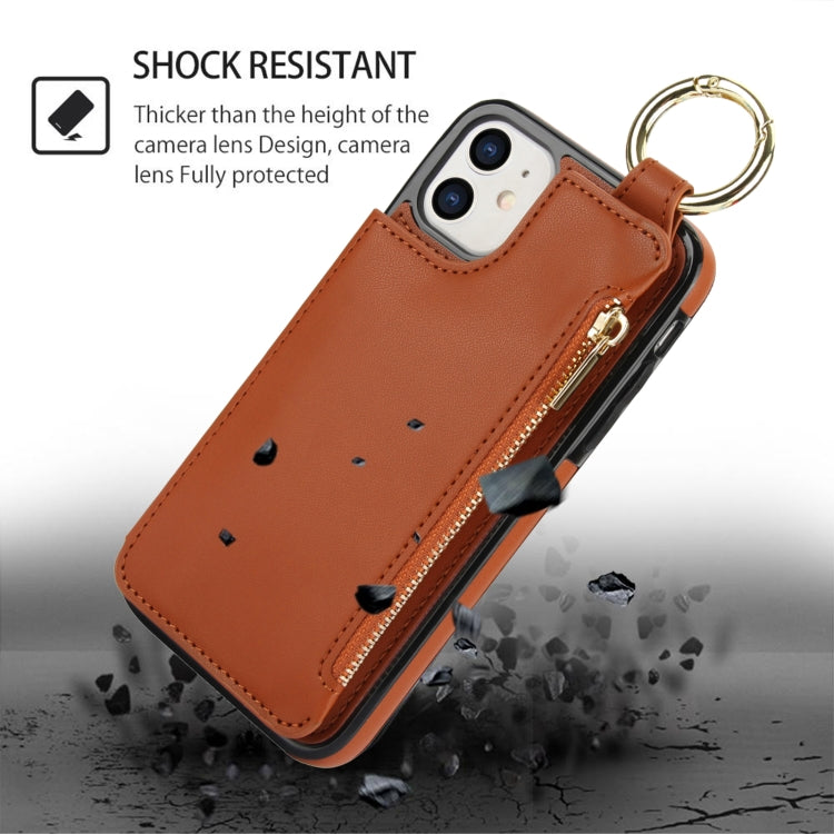 For iPhone 11 RFlD Anti-theft Double Buckle Ring Zipper Card Phone Case(Brown) - iPhone 11 Cases by buy2fix | Online Shopping UK | buy2fix