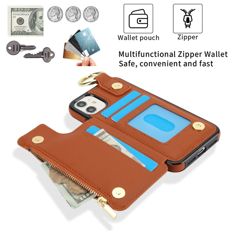 For iPhone 11 RFlD Anti-theft Double Buckle Ring Zipper Card Phone Case(Brown) - iPhone 11 Cases by buy2fix | Online Shopping UK | buy2fix