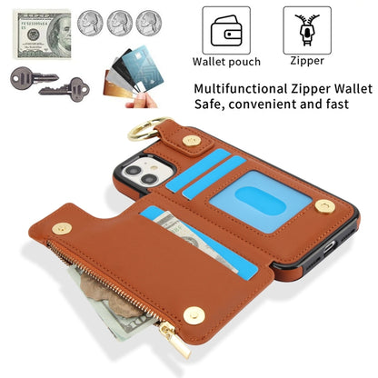For iPhone 11 RFlD Anti-theft Double Buckle Ring Zipper Card Phone Case(Brown) - iPhone 11 Cases by buy2fix | Online Shopping UK | buy2fix