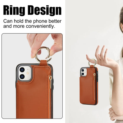 For iPhone 11 RFlD Anti-theft Double Buckle Ring Zipper Card Phone Case(Brown) - iPhone 11 Cases by buy2fix | Online Shopping UK | buy2fix