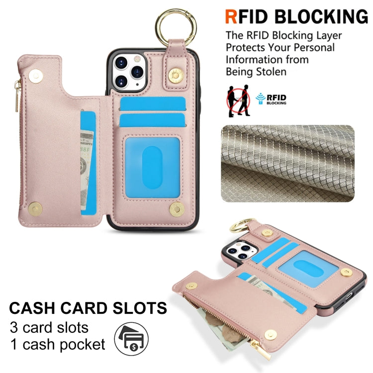 For iPhone 11 Pro RFlD Anti-theft Double Buckle Ring Zipper Card Phone Case(Rose Gold) - iPhone 11 Pro Cases by buy2fix | Online Shopping UK | buy2fix
