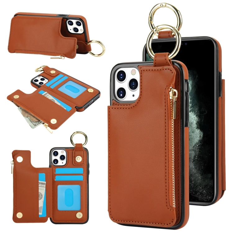 For iPhone 11 Pro RFlD Anti-theft Double Buckle Ring Zipper Card Phone Case(Brown) - iPhone 11 Pro Cases by buy2fix | Online Shopping UK | buy2fix