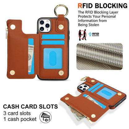 For iPhone 11 Pro RFlD Anti-theft Double Buckle Ring Zipper Card Phone Case(Brown) - iPhone 11 Pro Cases by buy2fix | Online Shopping UK | buy2fix