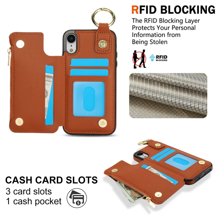 For iPhone XS / X RFlD Anti-theft Double Buckle Ring Zipper Card Phone Case(Brown) - More iPhone Cases by buy2fix | Online Shopping UK | buy2fix