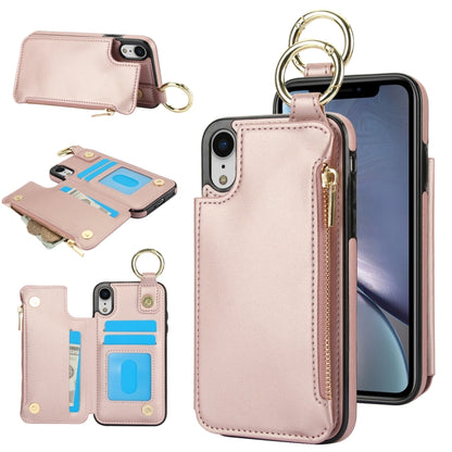 For iPhone XR RFlD Anti-theft Double Buckle Ring Zipper Card Phone Case(Rose Gold) - More iPhone Cases by buy2fix | Online Shopping UK | buy2fix