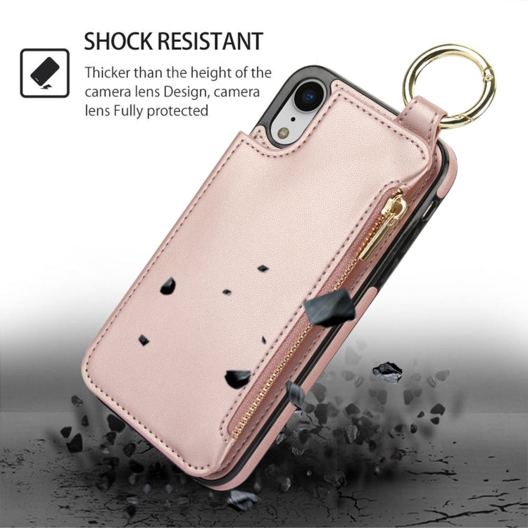 For iPhone XR RFlD Anti-theft Double Buckle Ring Zipper Card Phone Case(Rose Gold) - More iPhone Cases by buy2fix | Online Shopping UK | buy2fix