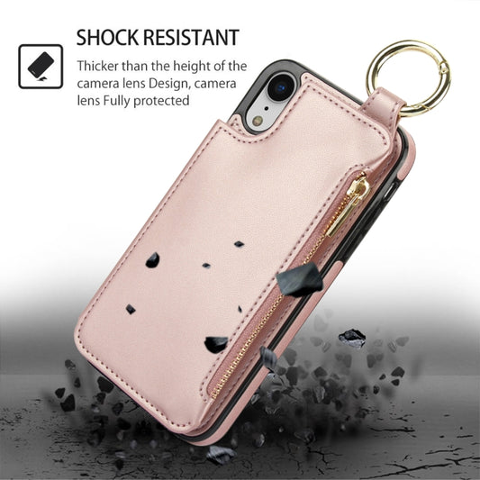 For iPhone XR RFlD Anti-theft Double Buckle Ring Zipper Card Phone Case(Rose Gold) - More iPhone Cases by buy2fix | Online Shopping UK | buy2fix