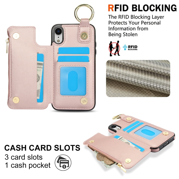 For iPhone XR RFlD Anti-theft Double Buckle Ring Zipper Card Phone Case(Rose Gold) - More iPhone Cases by buy2fix | Online Shopping UK | buy2fix