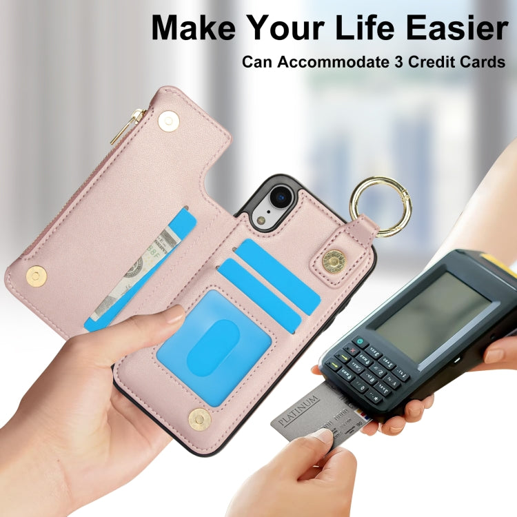 For iPhone XR RFlD Anti-theft Double Buckle Ring Zipper Card Phone Case(Rose Gold) - More iPhone Cases by buy2fix | Online Shopping UK | buy2fix