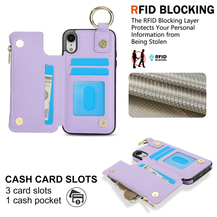 For iPhone XR RFlD Anti-theft Double Buckle Ring Zipper Card Phone Case(Purple) - More iPhone Cases by buy2fix | Online Shopping UK | buy2fix