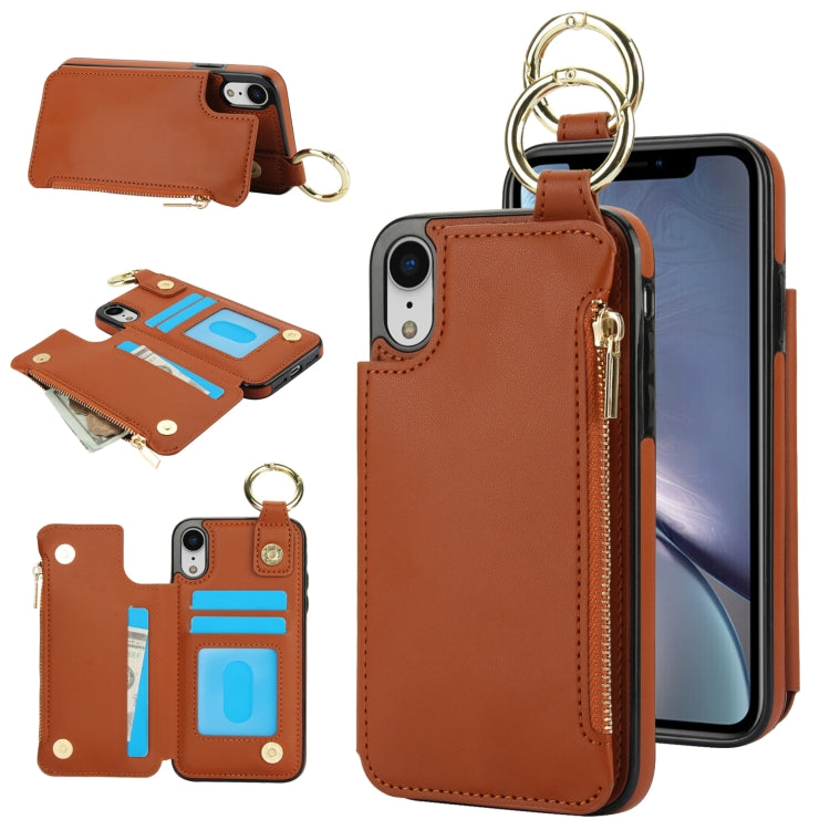 For iPhone XR RFlD Anti-theft Double Buckle Ring Zipper Card Phone Case(Brown) - More iPhone Cases by buy2fix | Online Shopping UK | buy2fix