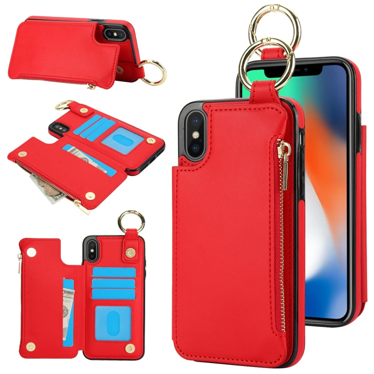 For iPhone XS Max RFlD Anti-theft Double Buckle Ring Zipper Card Phone Case(Red) - More iPhone Cases by buy2fix | Online Shopping UK | buy2fix