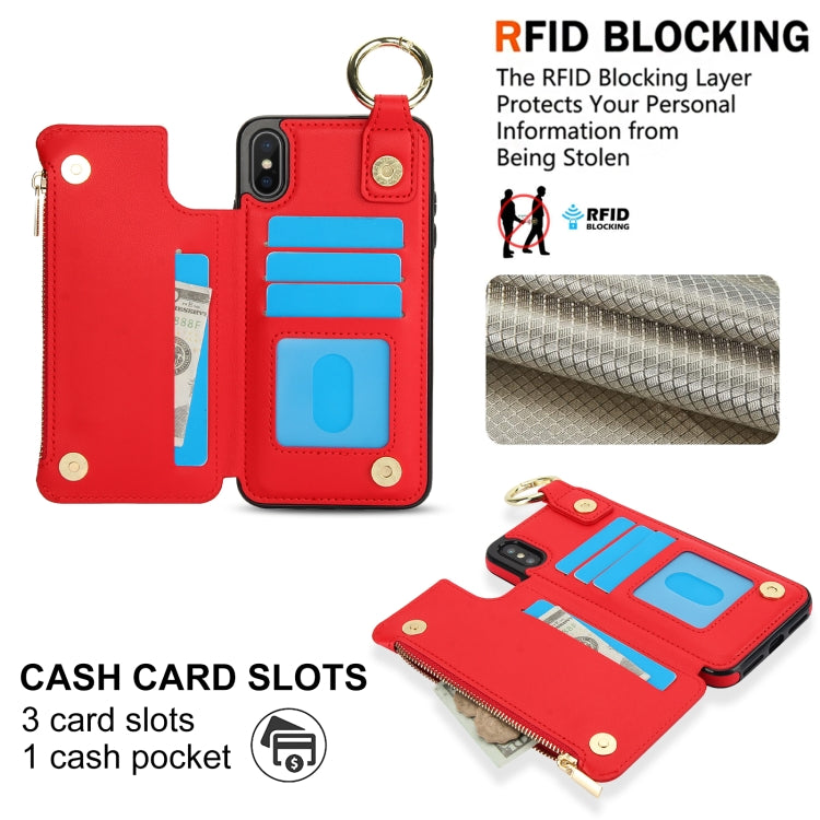 For iPhone XS Max RFlD Anti-theft Double Buckle Ring Zipper Card Phone Case(Red) - More iPhone Cases by buy2fix | Online Shopping UK | buy2fix