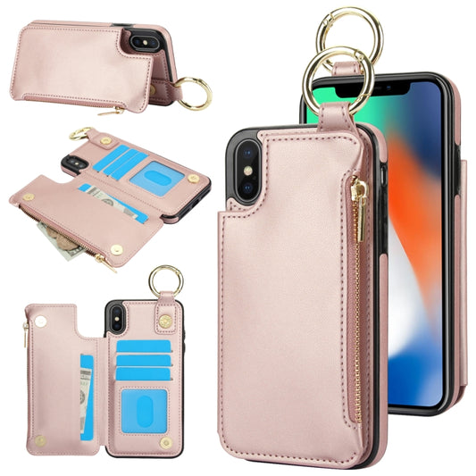 For iPhone XS Max RFlD Anti-theft Double Buckle Ring Zipper Card Phone Case(Rose Gold) - More iPhone Cases by buy2fix | Online Shopping UK | buy2fix
