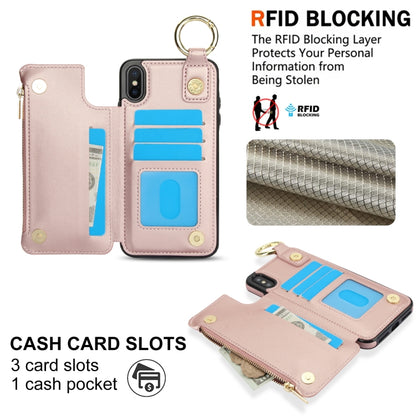 For iPhone XS Max RFlD Anti-theft Double Buckle Ring Zipper Card Phone Case(Rose Gold) - More iPhone Cases by buy2fix | Online Shopping UK | buy2fix