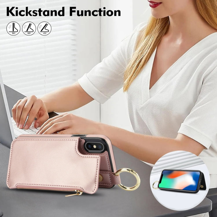 For iPhone XS Max RFlD Anti-theft Double Buckle Ring Zipper Card Phone Case(Rose Gold) - More iPhone Cases by buy2fix | Online Shopping UK | buy2fix