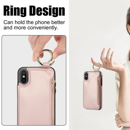 For iPhone XS Max RFlD Anti-theft Double Buckle Ring Zipper Card Phone Case(Rose Gold) - More iPhone Cases by buy2fix | Online Shopping UK | buy2fix