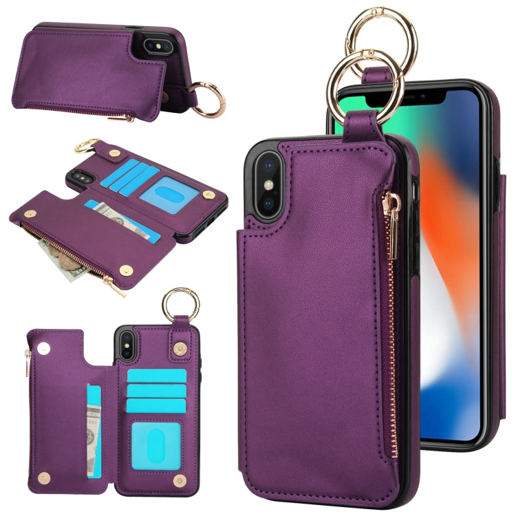For iPhone XS Max RFlD Anti-theft Double Buckle Ring Zipper Card Phone Case(Dark Purple) - More iPhone Cases by buy2fix | Online Shopping UK | buy2fix