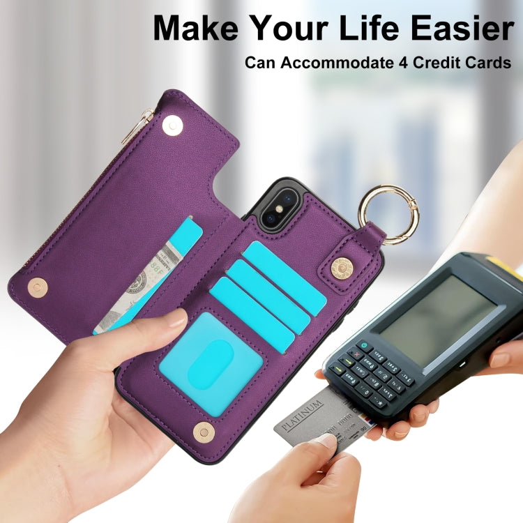 For iPhone XS Max RFlD Anti-theft Double Buckle Ring Zipper Card Phone Case(Dark Purple) - More iPhone Cases by buy2fix | Online Shopping UK | buy2fix