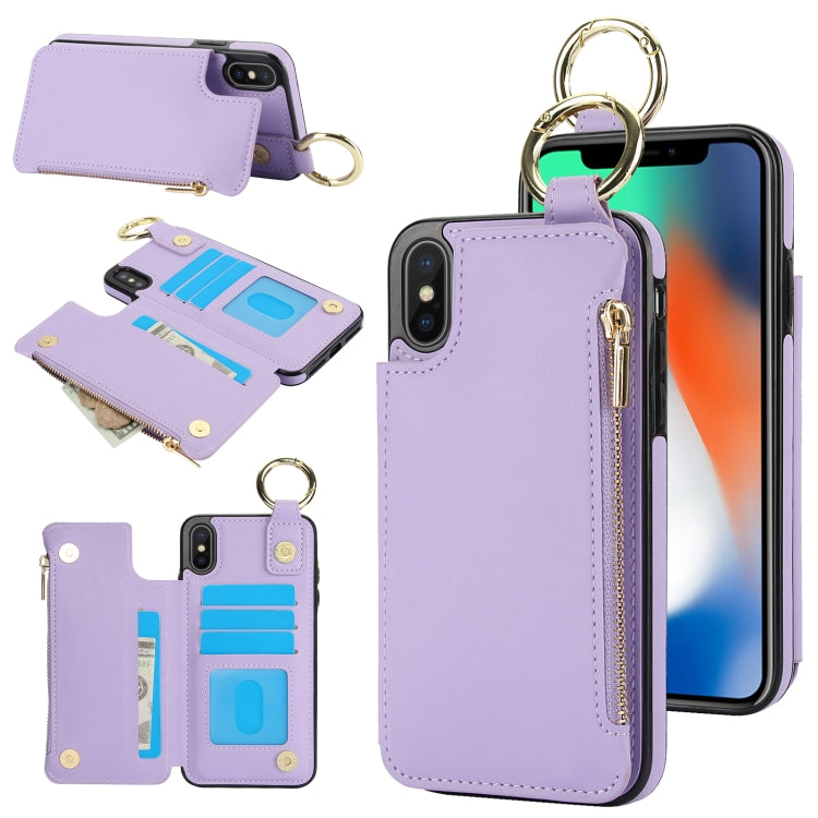For iPhone XS Max RFlD Anti-theft Double Buckle Ring Zipper Card Phone Case(Purple) - More iPhone Cases by buy2fix | Online Shopping UK | buy2fix