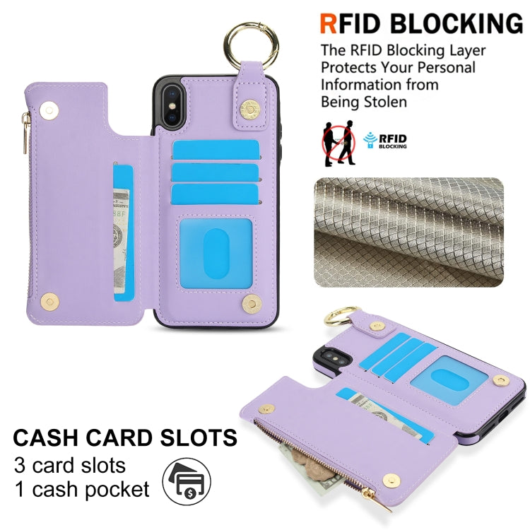For iPhone XS Max RFlD Anti-theft Double Buckle Ring Zipper Card Phone Case(Purple) - More iPhone Cases by buy2fix | Online Shopping UK | buy2fix